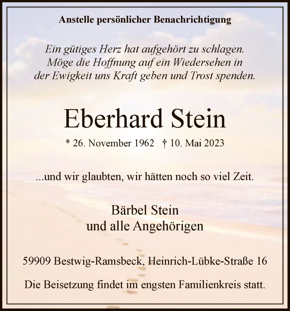  Traueranzeige für Eberhard Stein vom 20.05.2023 aus WA