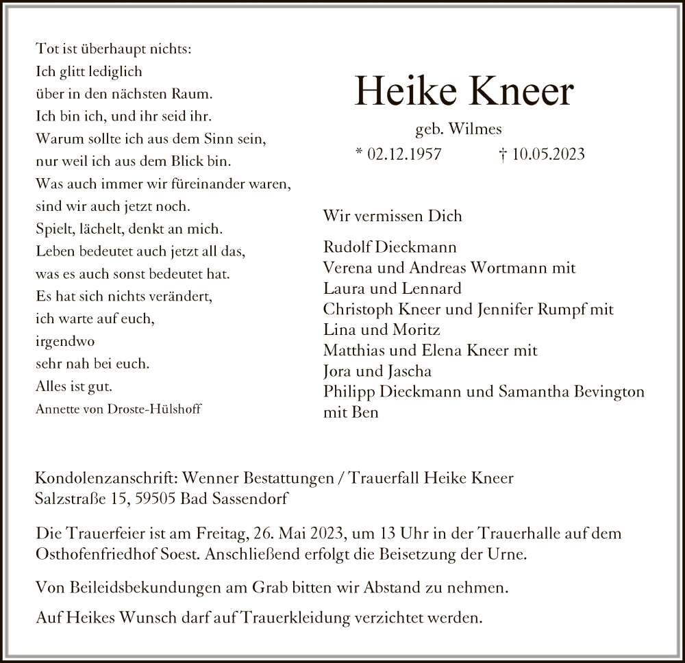  Traueranzeige für Heike Kneer vom 13.05.2023 aus WA