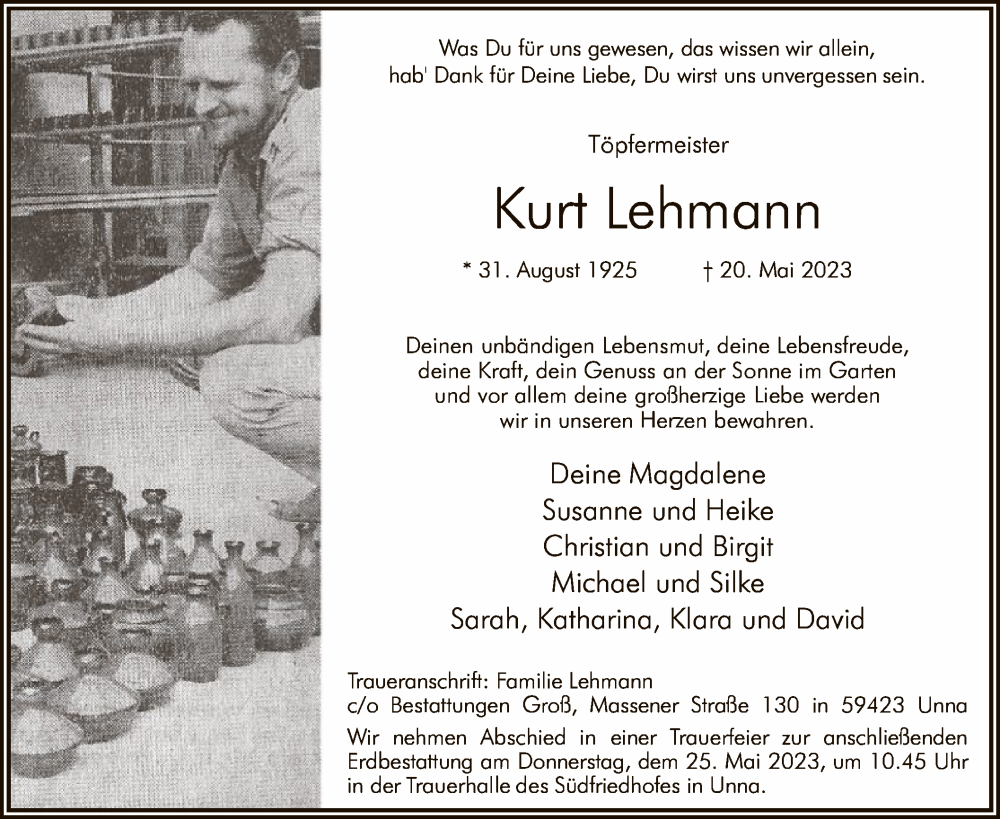  Traueranzeige für Kurt Lehmann vom 23.05.2023 aus WA