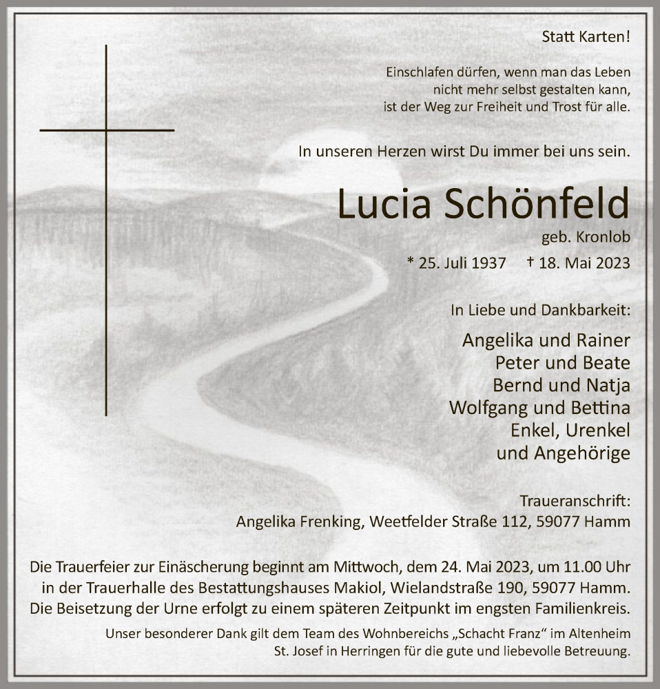  Traueranzeige für Lucia Schönfeld vom 23.05.2023 aus WA