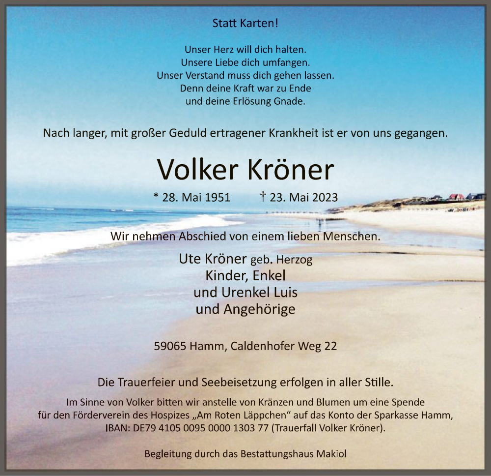  Traueranzeige für Volker Kröner vom 27.05.2023 aus WA