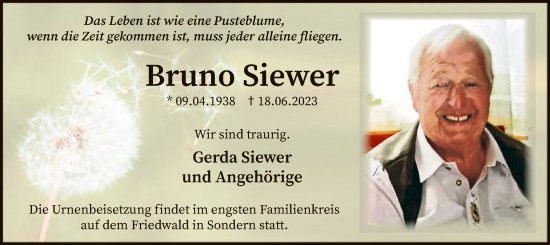 Traueranzeige von Bruno Siewer von WA