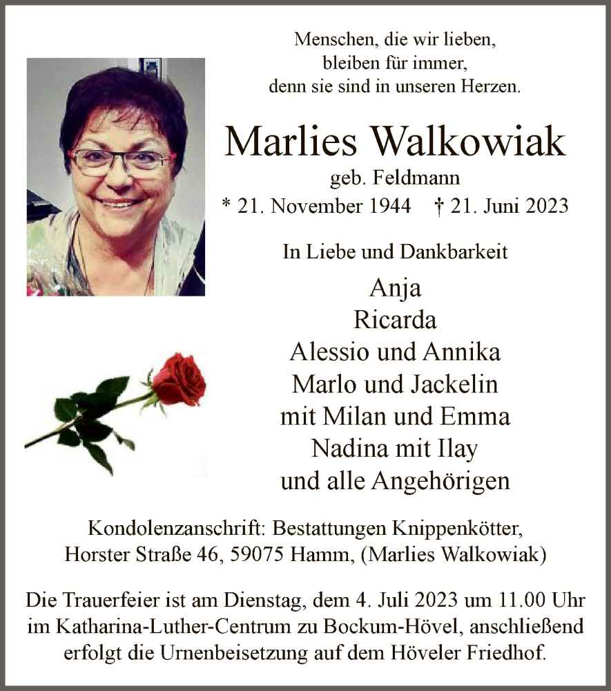  Traueranzeige für Marlies Walkowiak vom 28.06.2023 aus WA