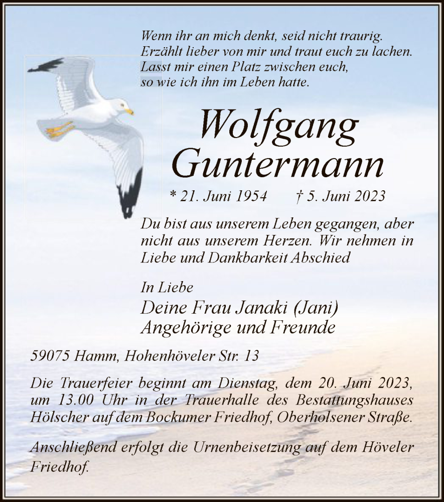  Traueranzeige für Wolfgang Guntermann vom 17.06.2023 aus WA