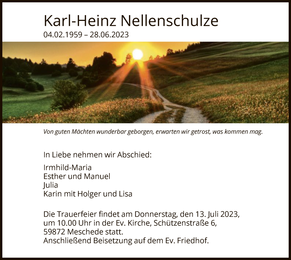  Traueranzeige für Karl-Heinz Nellenschulze vom 08.07.2023 aus WA