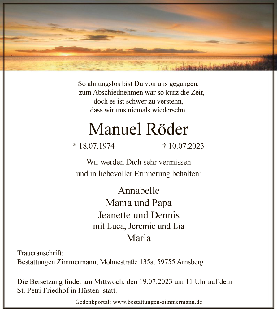  Traueranzeige für Manuel (Manu) Röder vom 15.07.2023 aus WA