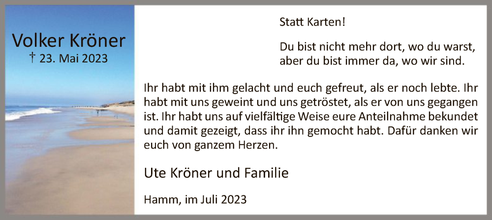  Traueranzeige für Volker Kröner vom 01.07.2023 aus WA