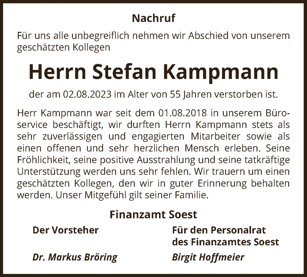  Traueranzeige für Stefan Kampmann vom 25.08.2023 aus WA