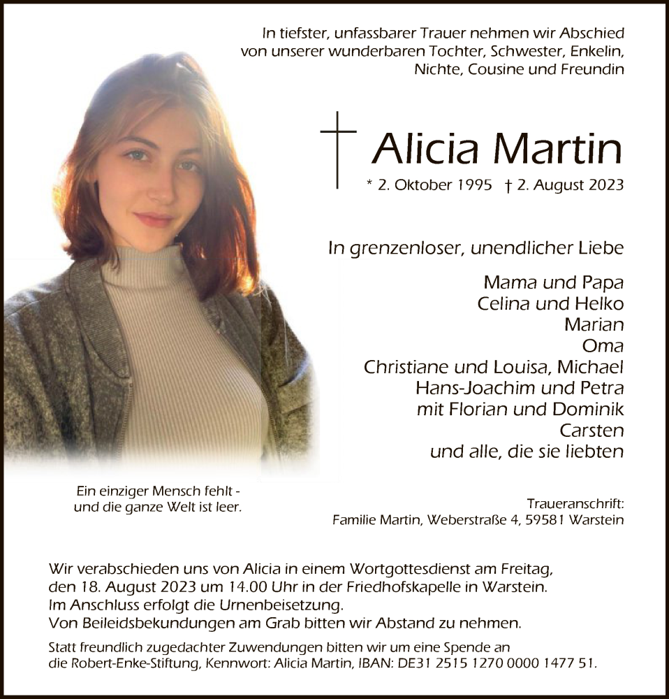  Traueranzeige für Alicia Martin vom 12.08.2023 aus WA