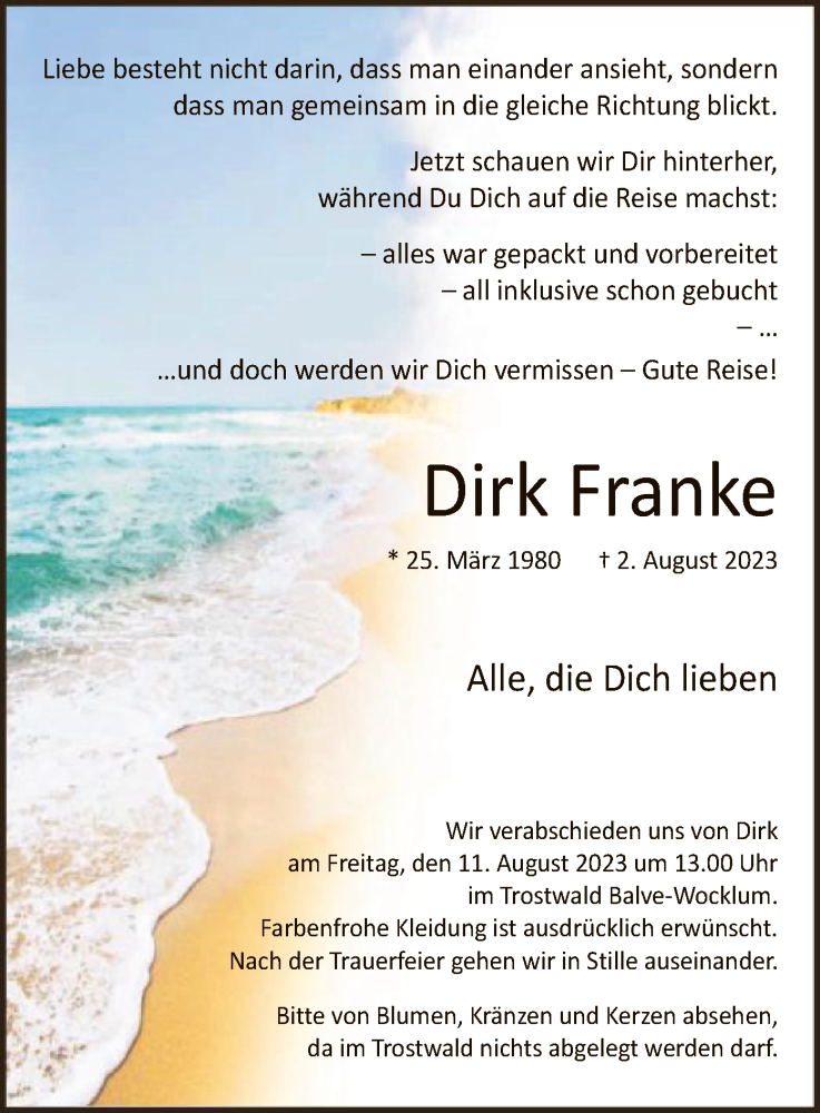  Traueranzeige für Dirk Franke vom 05.08.2023 aus WA