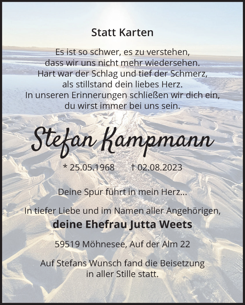  Traueranzeige für Stefan Kampmann vom 19.08.2023 aus WA