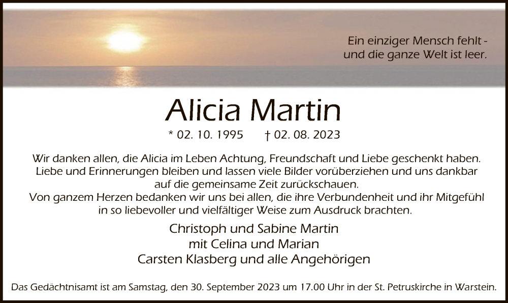  Traueranzeige für Alicia Martin vom 23.09.2023 aus WA