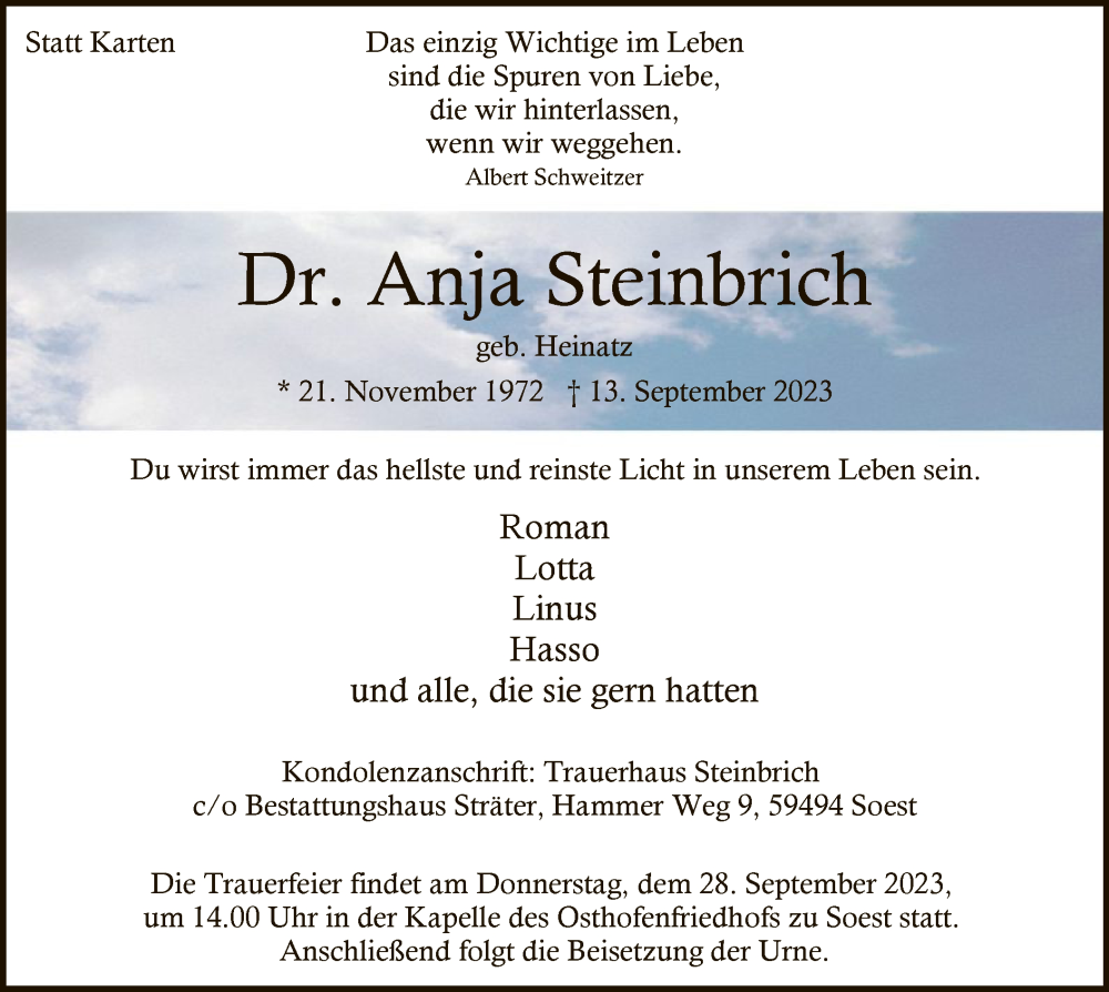  Traueranzeige für Anja Steinbrich vom 23.09.2023 aus WA