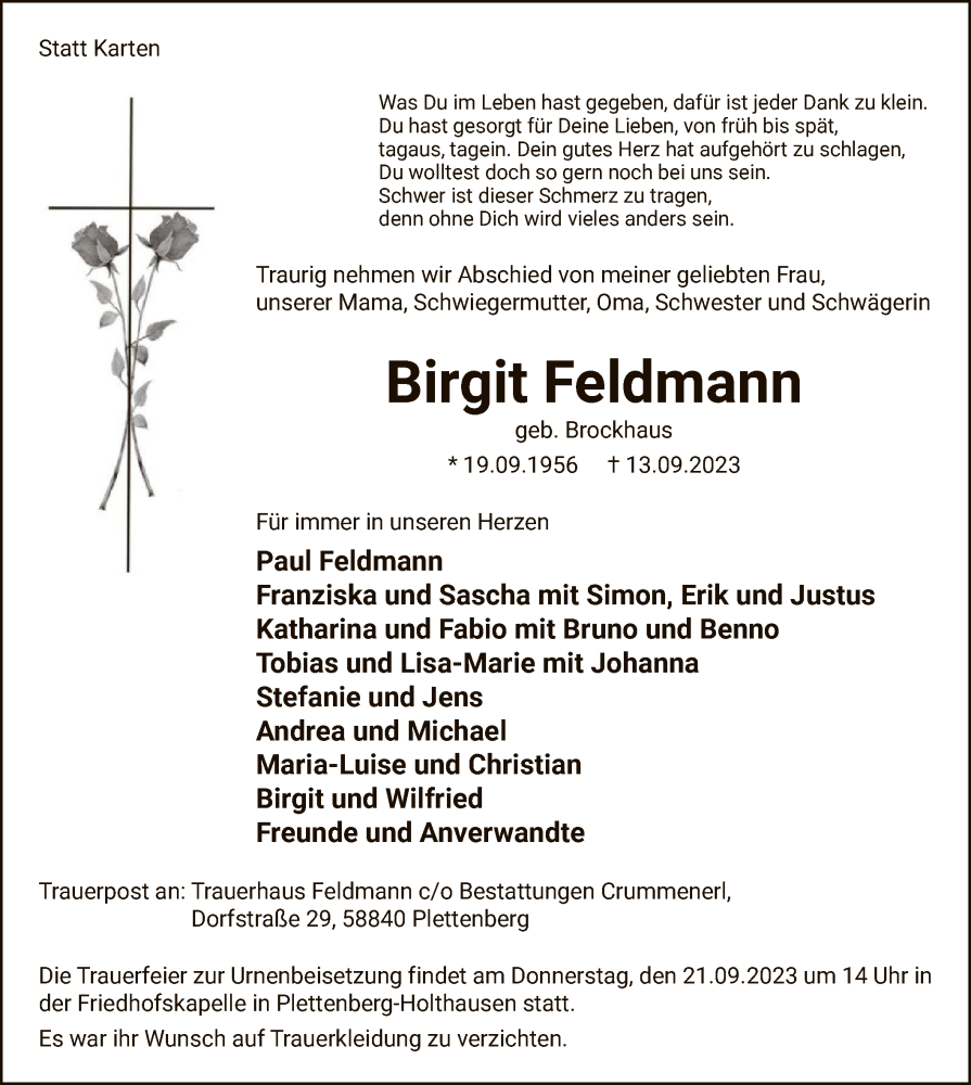  Traueranzeige für Birgit Feldmann vom 16.09.2023 aus WA