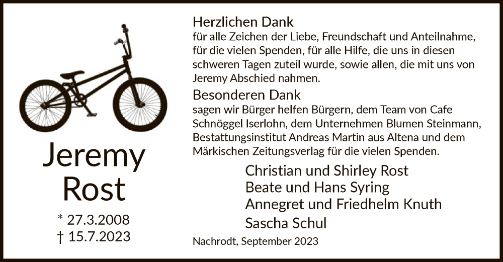  Traueranzeige für Jeremy Rost vom 02.09.2023 aus WA