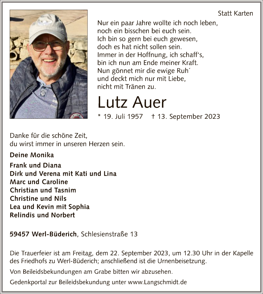  Traueranzeige für Lutz Auer vom 15.09.2023 aus WA