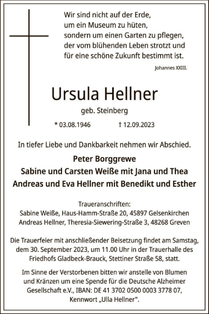  Traueranzeige für Ursula Hellner vom 23.09.2023 aus WA