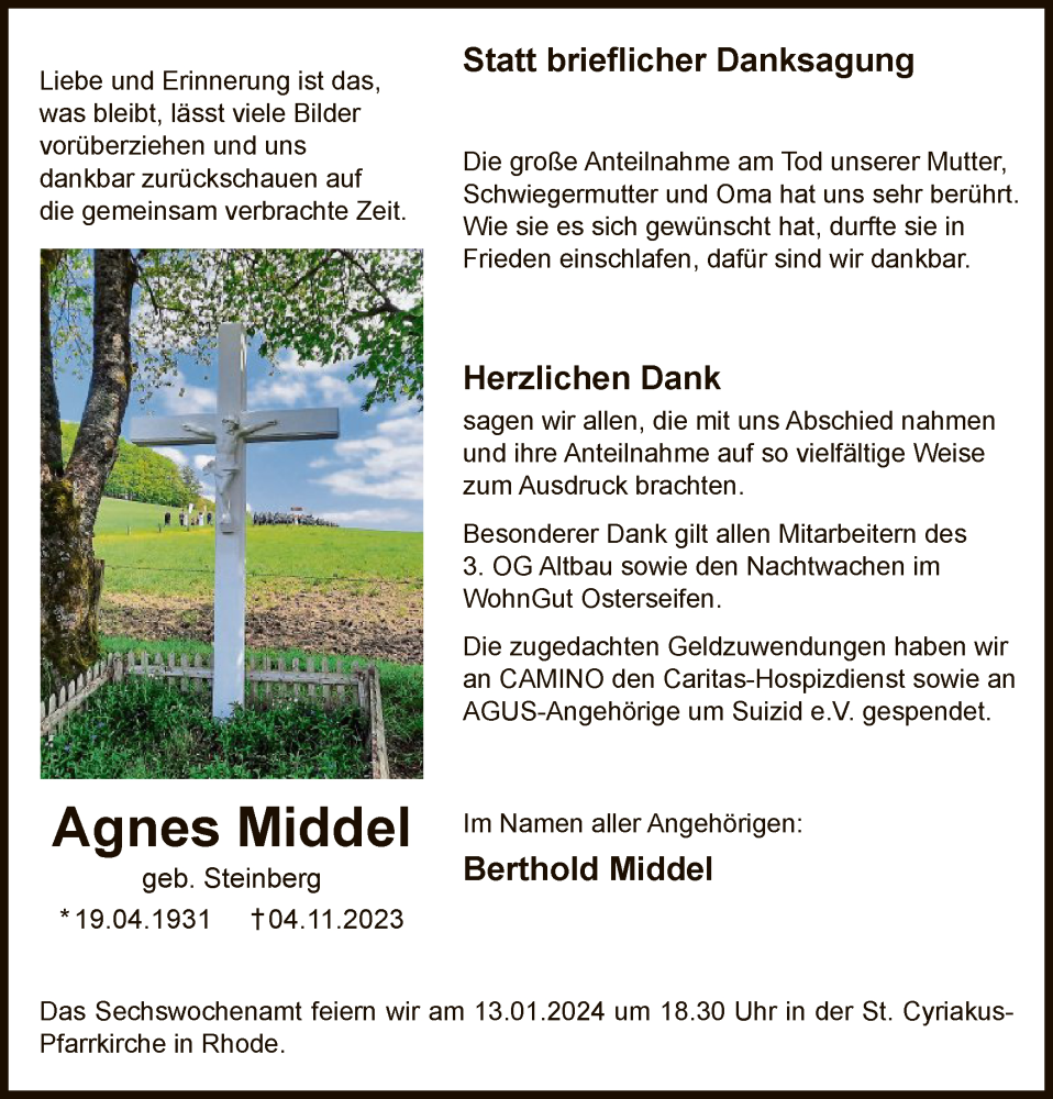  Traueranzeige für Agnes Middel vom 06.01.2024 aus WA