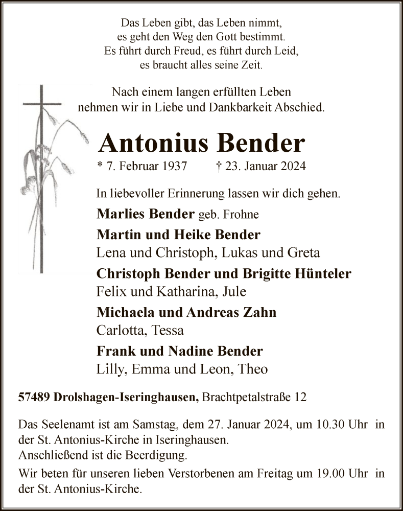  Traueranzeige für Antonius Bender vom 27.01.2024 aus WA