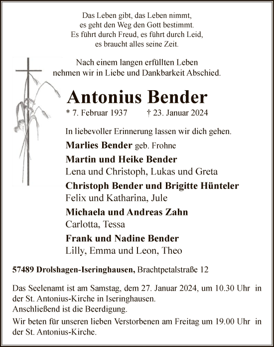 Traueranzeige von Antonius Bender von WA