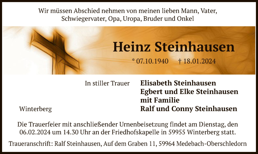  Traueranzeige für Heinz Steinhausen vom 27.01.2024 aus WA