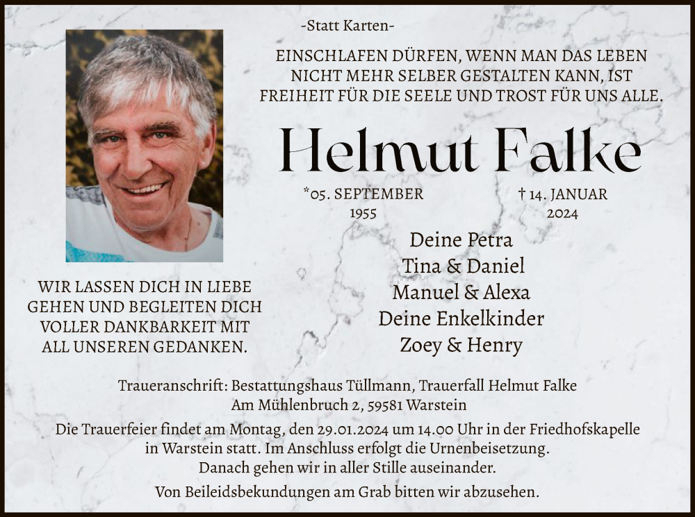  Traueranzeige für Helmut Falke vom 19.01.2024 aus WA