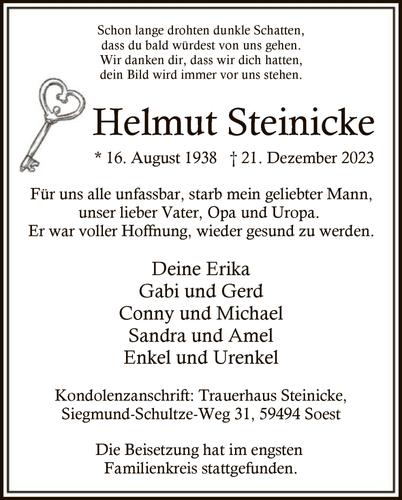  Traueranzeige für Helmut Steinicke vom 06.01.2024 aus WA
