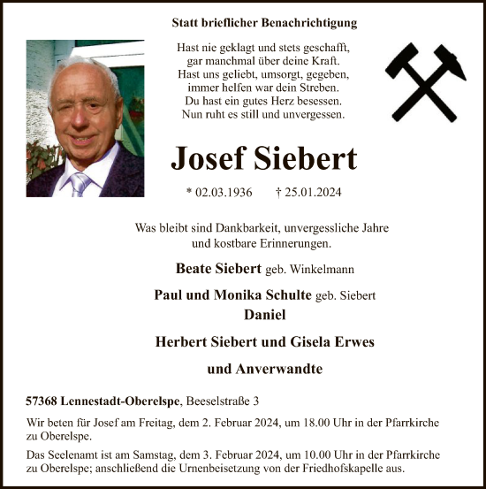 Traueranzeige von Josef Siebert von WA