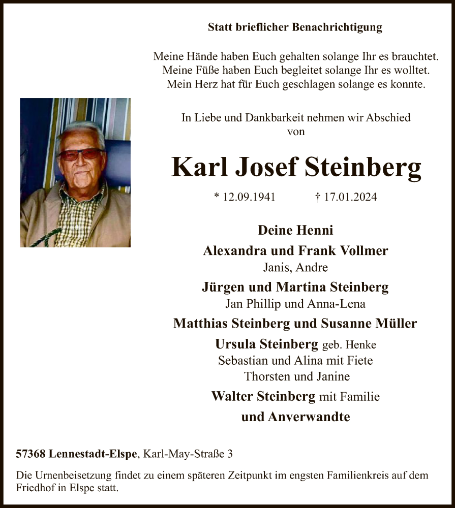  Traueranzeige für Karl Josef Steinberg vom 27.01.2024 aus WA
