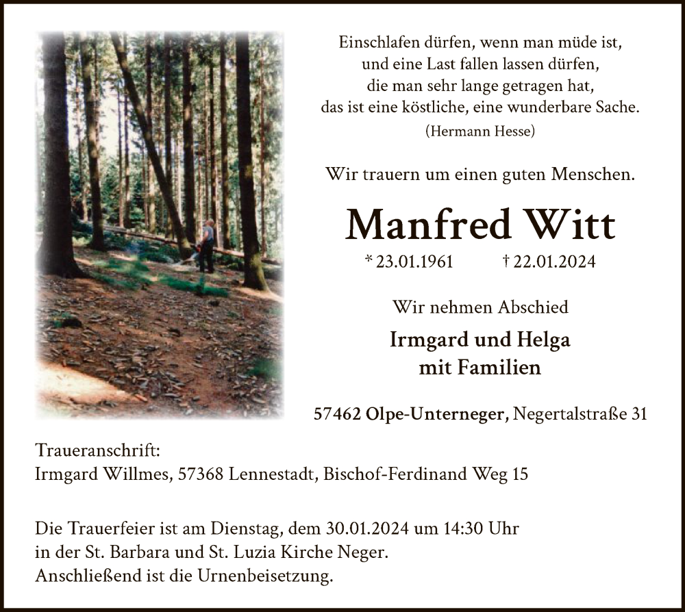  Traueranzeige für Manfred Witt vom 27.01.2024 aus WA