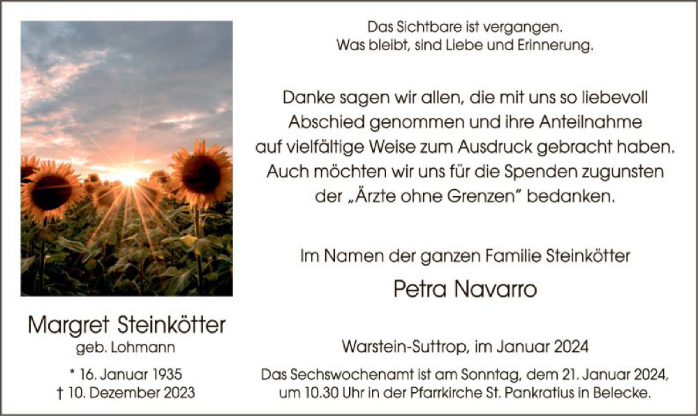  Traueranzeige für Margret Steinkötter vom 16.01.2024 aus WA