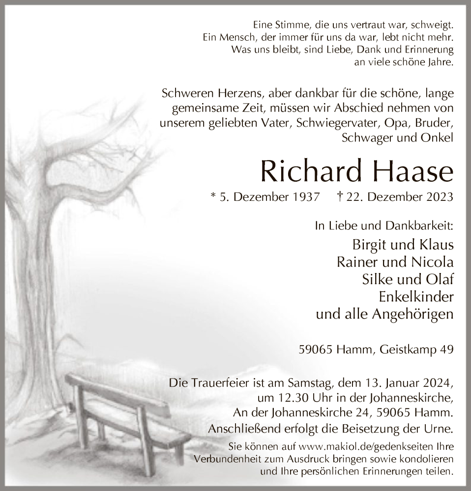  Traueranzeige für Richard Haase vom 06.01.2024 aus WA