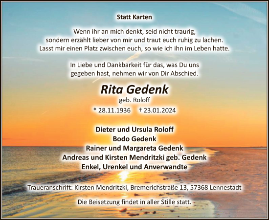 Traueranzeige von Rita Gedenk von WA