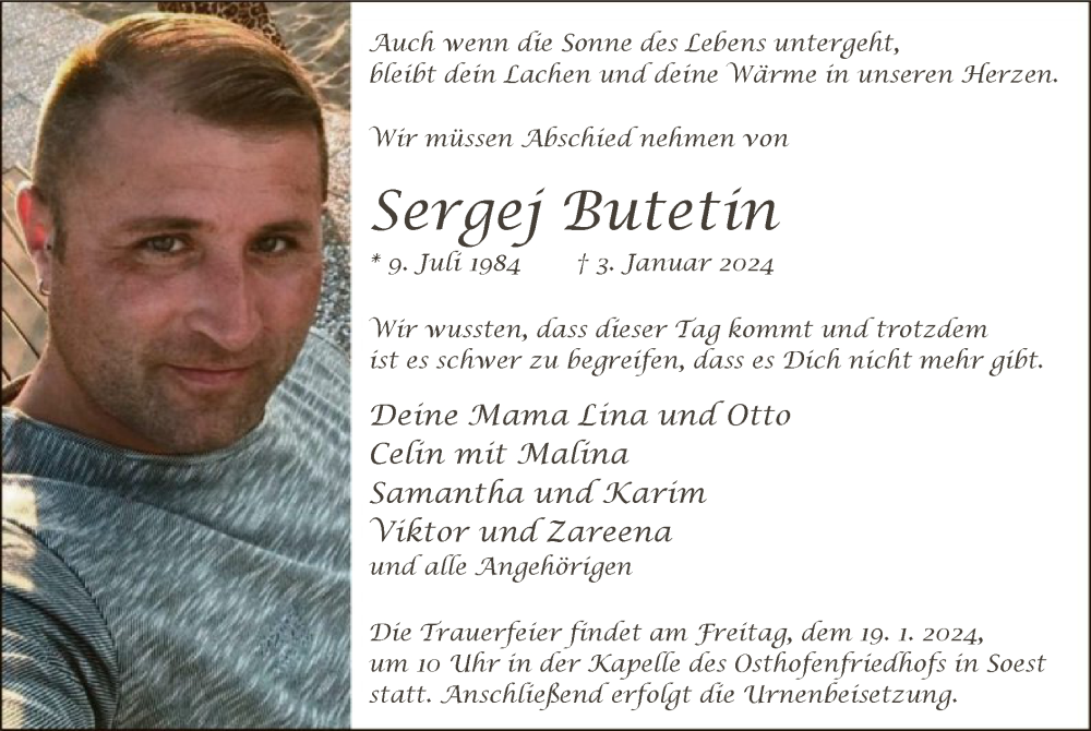  Traueranzeige für Sergej Butetin vom 13.01.2024 aus WA