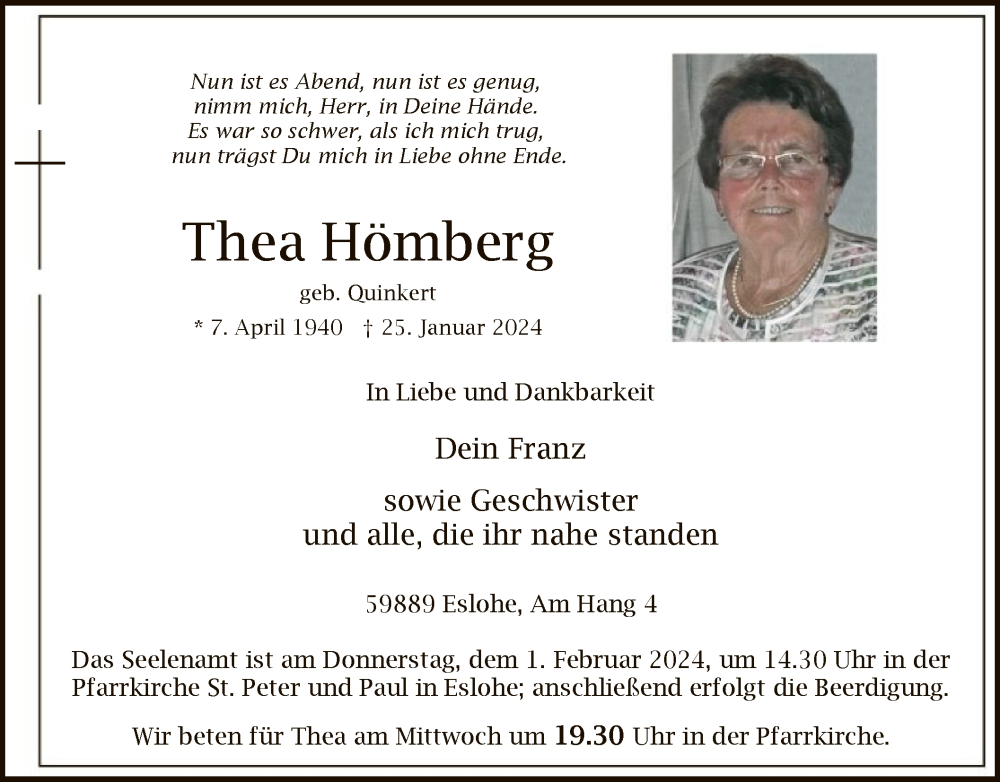  Traueranzeige für Thea Hömberg vom 27.01.2024 aus WA