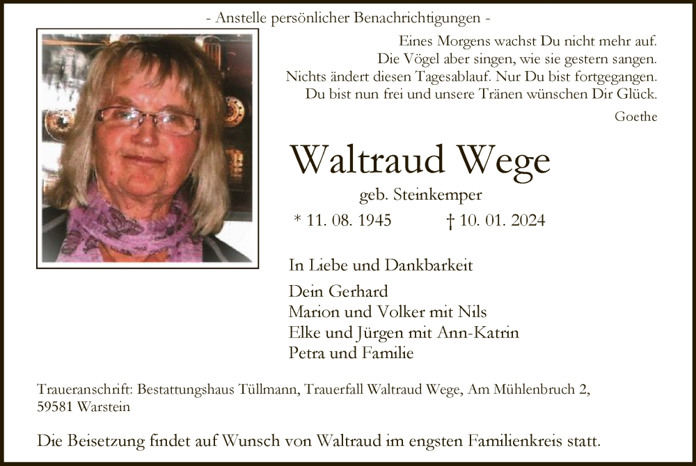  Traueranzeige für Waltraud Wege vom 13.01.2024 aus WA