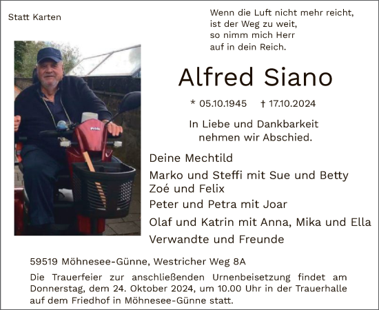 Traueranzeige von Alfred Siano von WA