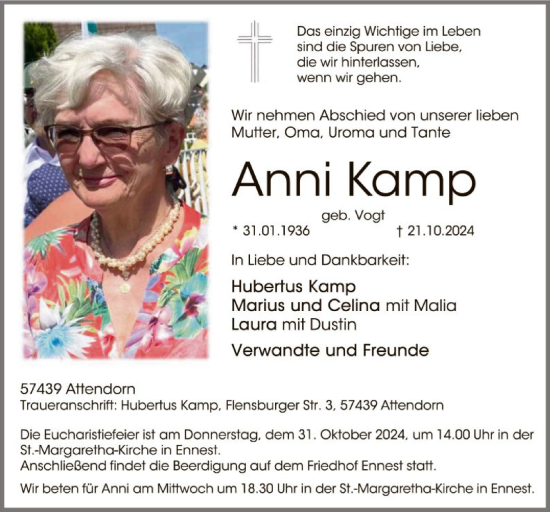 Traueranzeige von Anni Kamp von WA