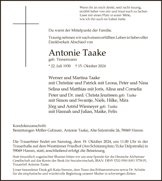 Traueranzeige von Antonie Taake von WA