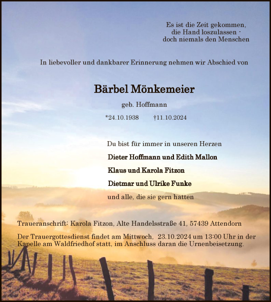 Traueranzeige von Bärbel Mönkemeier von WA