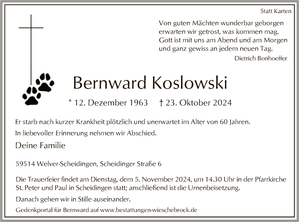  Traueranzeige für Bernward Koslowski vom 26.10.2024 aus WA