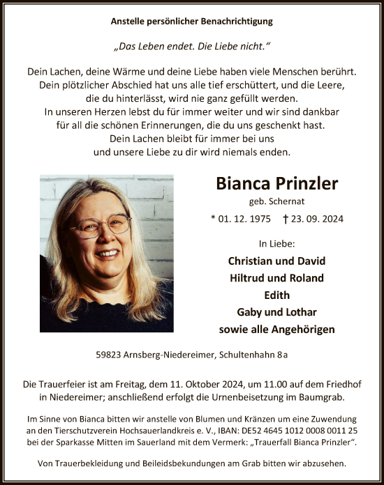 Traueranzeige von Bianca Prinzler von WA