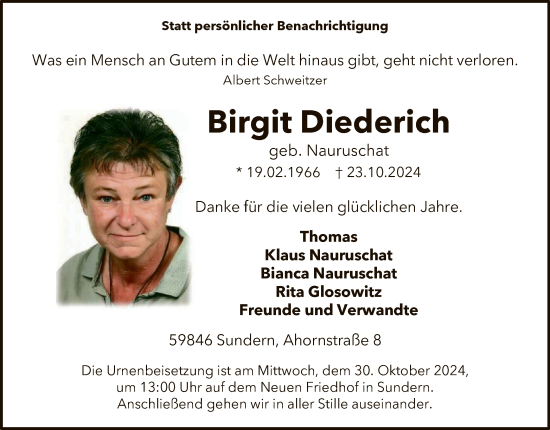 Traueranzeige von Birgit Diederich von WA