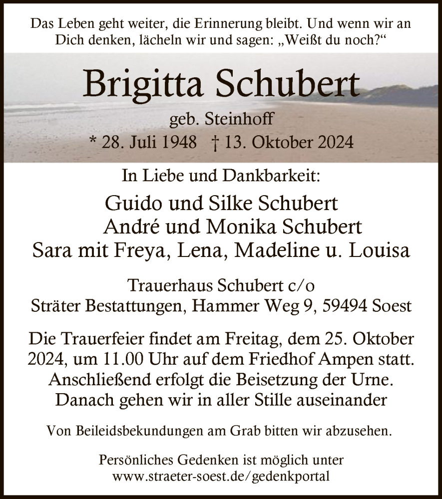  Traueranzeige für Brigitta Schubert vom 19.10.2024 aus WA
