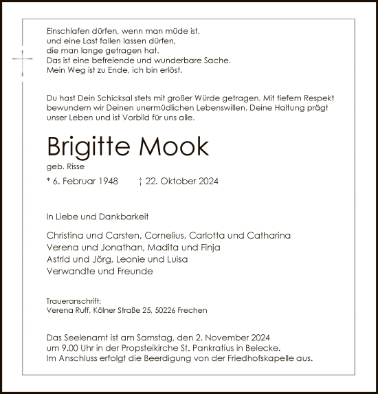 Traueranzeige von Brigitte Mook von WA