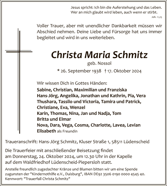 Traueranzeige von Christa Maria Schmitz von WA