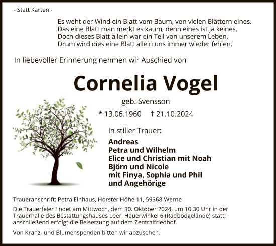 Traueranzeige von Cornelia Vogel von WA