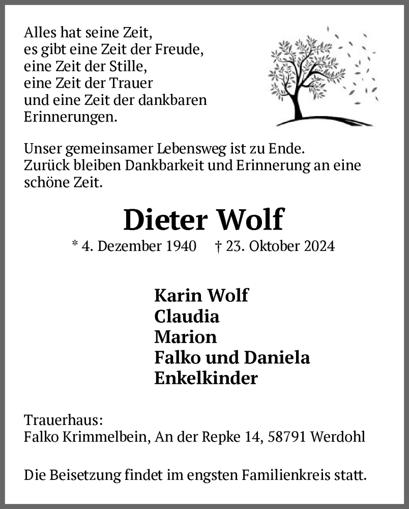  Traueranzeige für Dieter Wolf vom 26.10.2024 aus WA