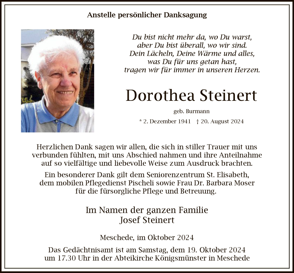  Traueranzeige für Dorothea Steinert vom 12.10.2024 aus WA