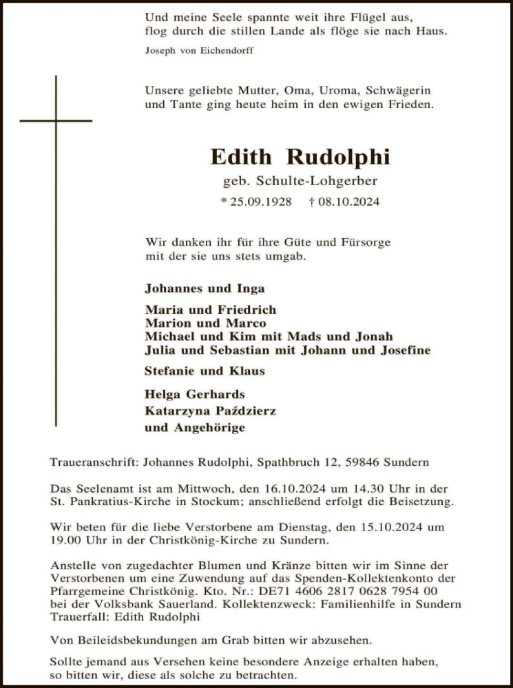  Traueranzeige für Edith Rudolphi vom 12.10.2024 aus WA